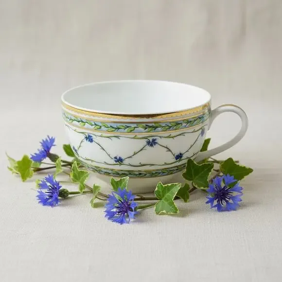 Raynaud Limoges Allee Royale Teacup-France-Fine Porcelain-Gold-Blue Floral-China