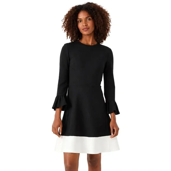 Kate Spade New York Dress Small Black White Colorblock Ruffle Sleeve Fit Flare