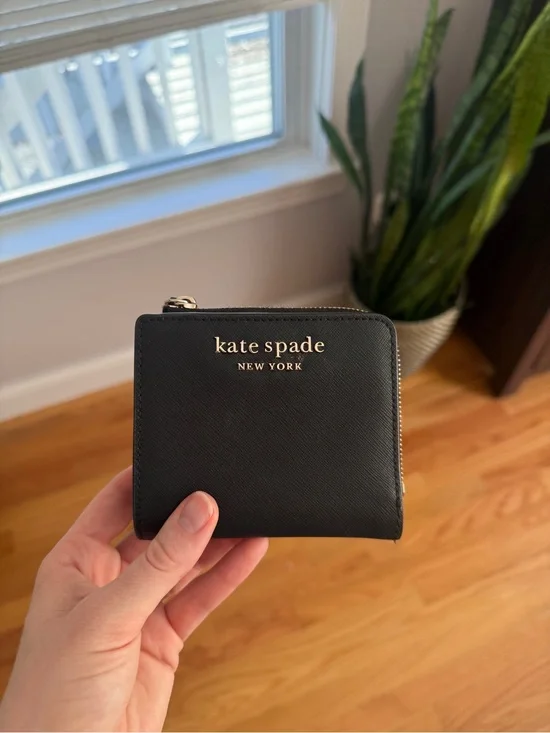 kate spade Black Saffiano Zip Around Wallet with Gold Logo