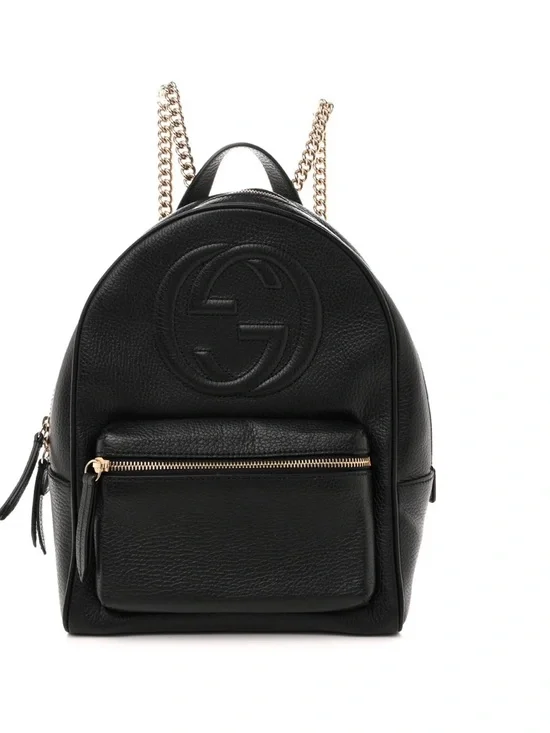Gucci Black Pebbled Leather Mini Backpack with Gold Chain Straps