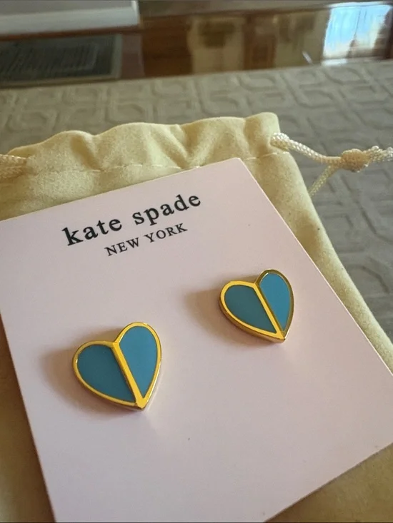 kate spade gold-trim blue heart stud earrings