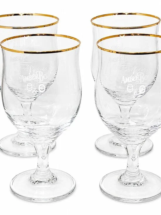 Set of Four Michelob Amber Bock Gold Rim Goblet Glasses