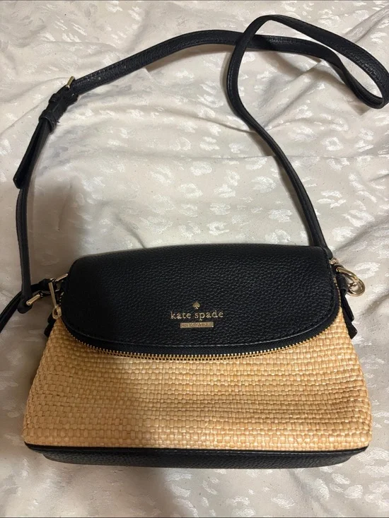 kate spade Black and Natural Straw Crossbody Purse