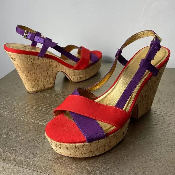 KATE SPADE SANDALS 10 PENNY PLATFORM CHUNKY CORK WEDGE HEELS STRAPPY RED PURPLE