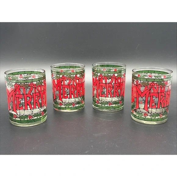 Set of 4 Vintage Cera Houze Merry Christmas Stained Glass Lowball Glasses MCM
