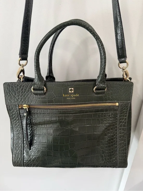 kate spade deep green croc-embossed leather satchel with gold hardware
