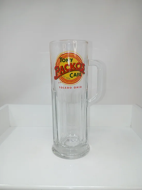 Tony Packo's Cafe Tall Clear Glass Beer Mug - Red & Yellow Logo