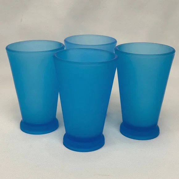 Starbucks‎ Vintage 90s Mod Frosted Blue Teal Footed Glass Tumbler Cup Set of 4