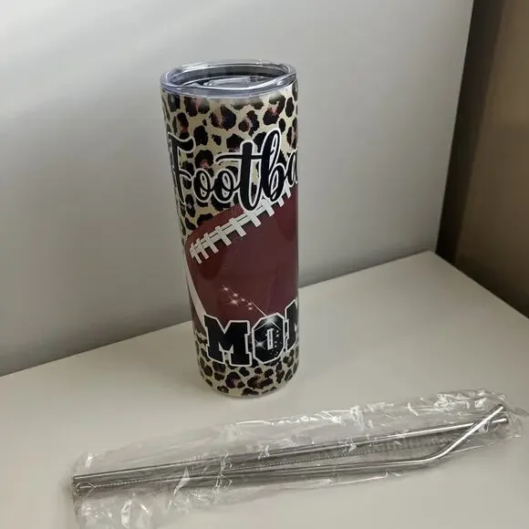 Custom Printed 20oz Tumbler Football Mom Design Lid Straws And Straw Cleaner