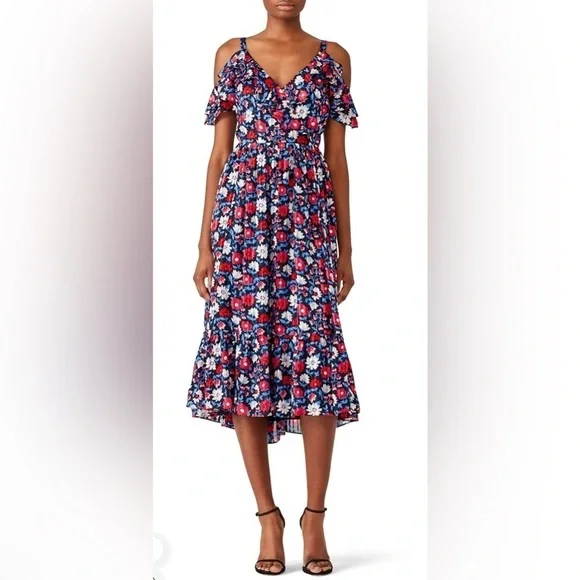 Kate Spade New York Navy Daisy Cutout Shoulder Silk Midi Dress Sz 2