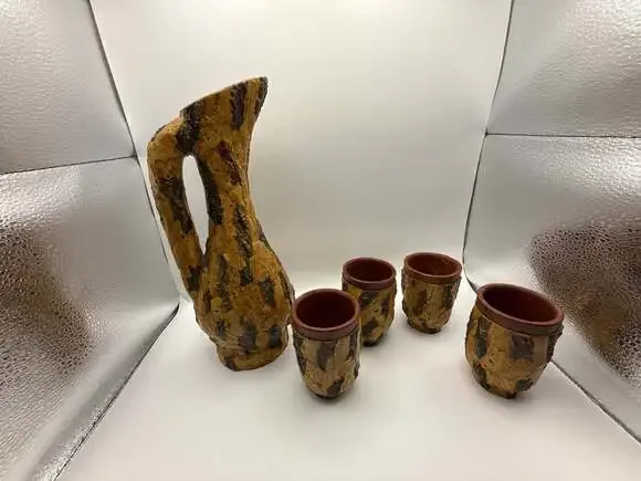 Vintage Italian Cork Bark Covered Pottery Pitcher and Cups Set