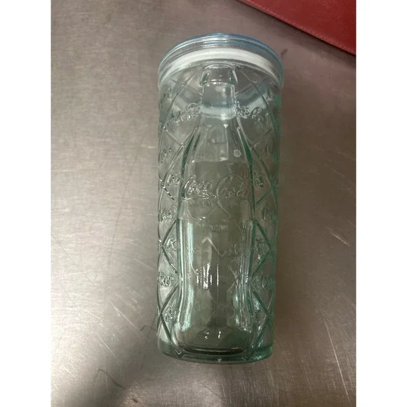 Coca-Cola Embossed Glass Tumbler Georgia Green Quilted Bottle Logo with Lid 7in