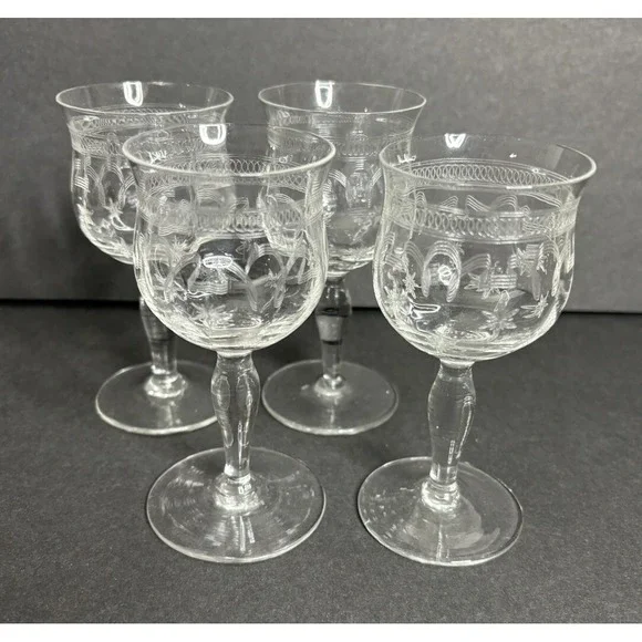 4 Franciscan Tiffin Needle Etch Small Cordial Glasses Optic Stars & Stripes READ