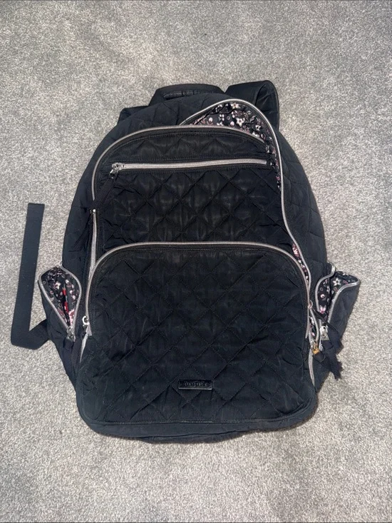 Vera Bradley Quilted Black Backpack with Floral Trim