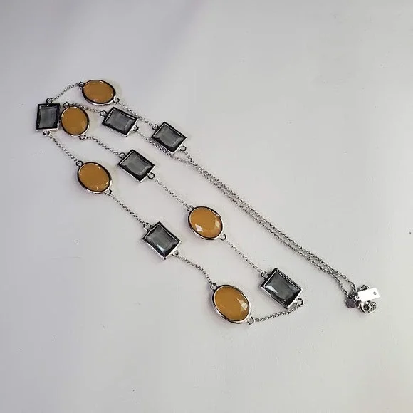 Kate Spade New York Silver Tone Yellow and Gray Stone Station Long Necklace