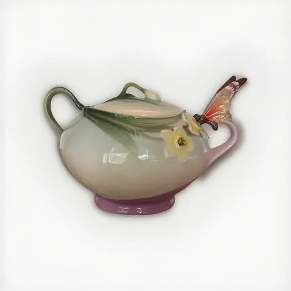 Franz Porcelain Butterfly Sugar Bowl w Lid XP1877 Sculpted Floral Fine China
