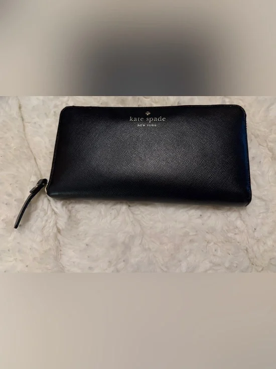 Kate Spade Black Textured Leather Logo Wallet with Gold Accents