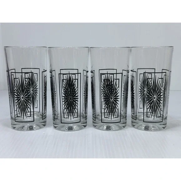 4 Vintage Atomic Mid Century Modern‎ Black Starburst Drinking Glass Tumbler