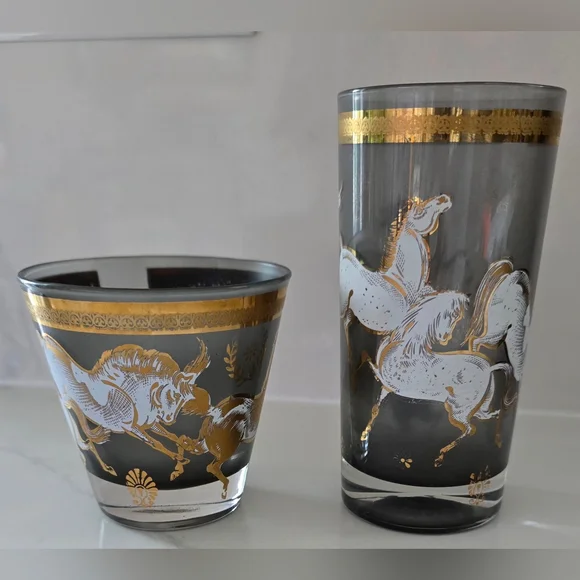 Rare Culver MCM Ming Wild Horses Whiskey Highball Glassware One‎ Each Set Of 2