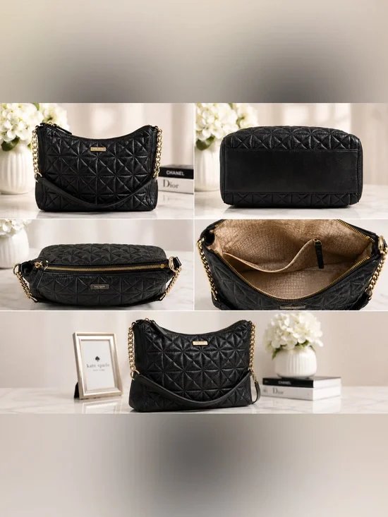Kate Spade Quilted Black Leather Shoulder Bag with Gold Chain