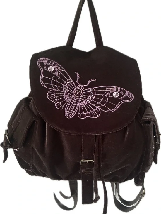Disturbia Black Velvet Backpack with Lilac Moth / Butterfly Embroidery
