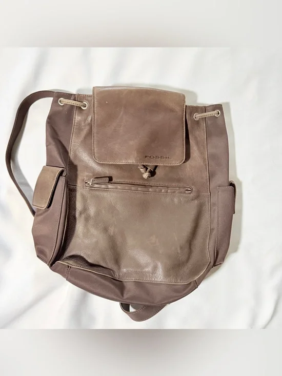 Fossil Light Brown/ Taupe Leather and Canvas Backpack