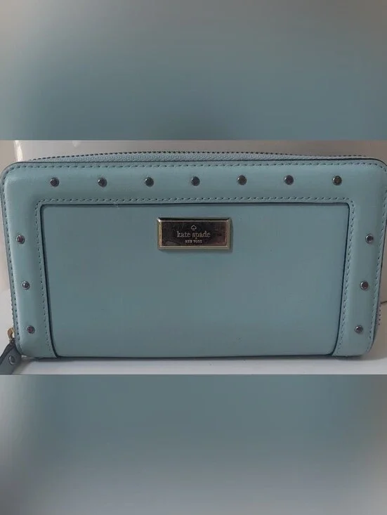 Kate Spade Mint Green Leather Zip Wallet with Gold Studs