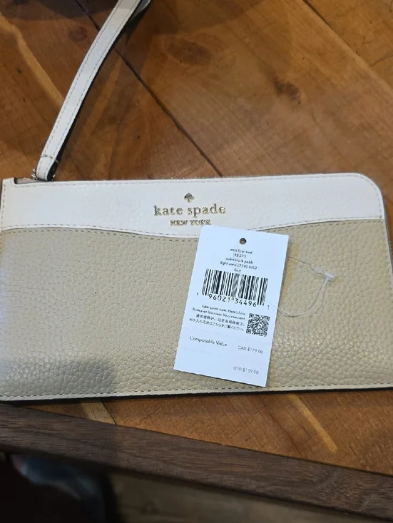 Kate spade , medium zip wristlet in color block pebble leather light sand lucy