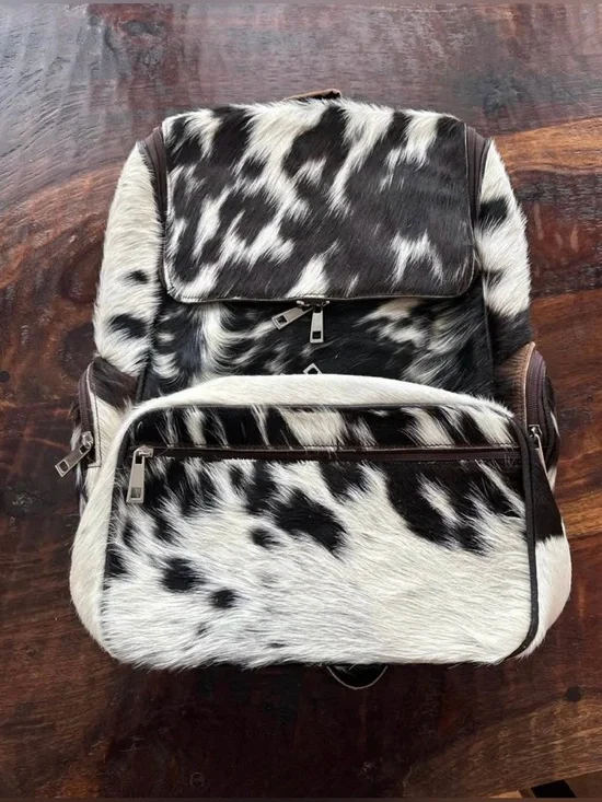 100% Cowhide leather Backpack and wallet Hair On (brown and White)