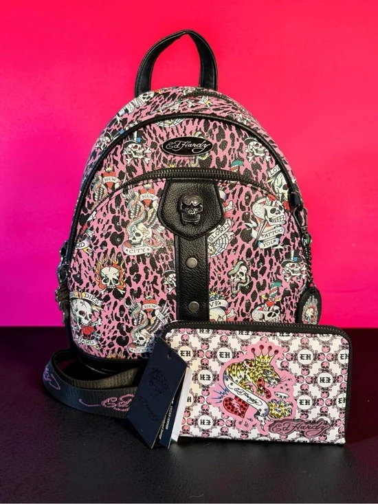 Ed Hardy NWT Pink Leopard Skull Tattoo Mini Backpack & Matching Wallet (P246)