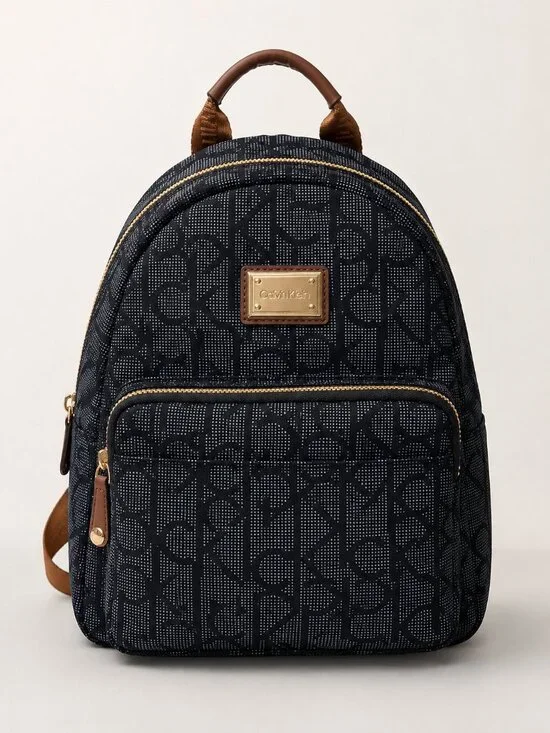Calvin Klein Monogram Mini Backpack Navy Brown Gold Logo Everyday Travel Bag