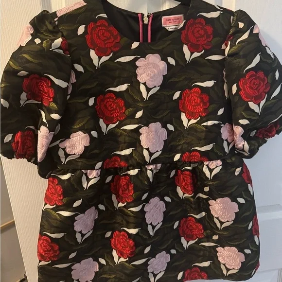 Kate Spade Floral Puff Sleeve Peplum Top - Red and Pink