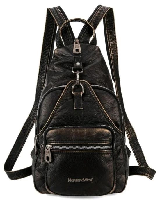 Montana West Select Black Sling Backpack Faux Leather Crossbody Travel Bag Purse