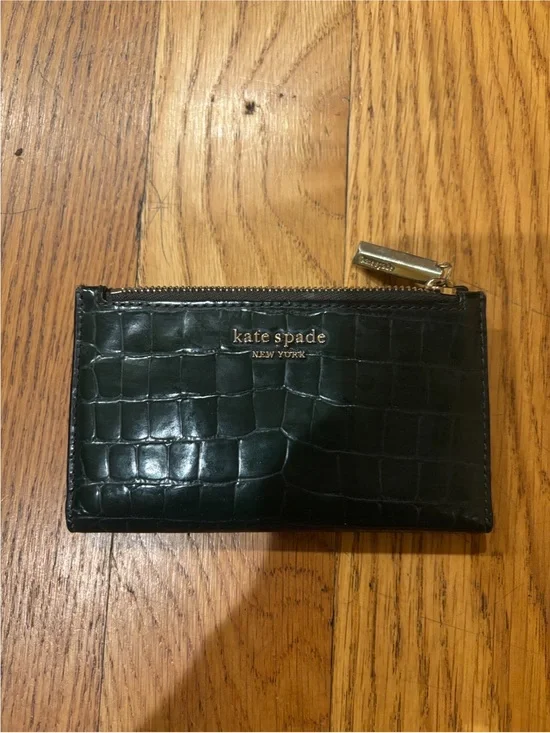 kate spade Croc-Embossed Leather Zip Card Case - Dark Green