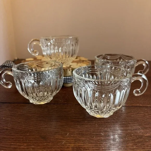 4 Indiana Glass ROYAL Drape Clear Punch Cup Hook Handle Vertical Rib & Swag 7 oz