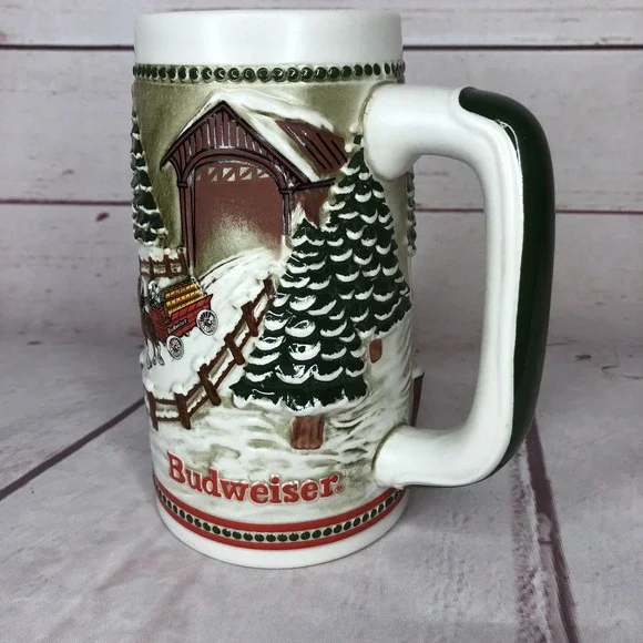 Vintage Budweiser Stein Mug Clydesdales Christmas Ceramarte‎ Snowy Winters Eve