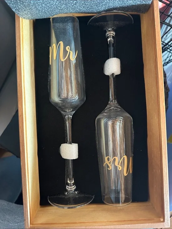 Mr & Mrs Champagne Flutes - Wooden Box - Tan Wood with Cream Text