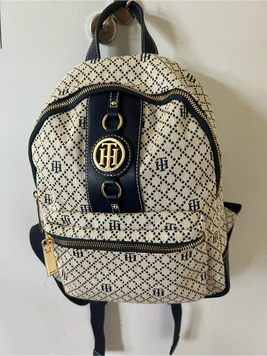 Tommy Hilfiger Jaden Cream & Navy Monogram  Backpack with Gold Hardware