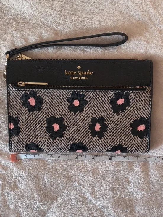 Kate Spade Black Floral Print Wristlet with Pink Accents