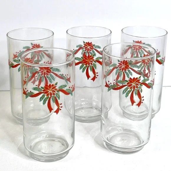 Vintage Set of 5‎ Libbey Poinsettia & Ribbon 16 oz Cooler Glasses Glass Tumblers