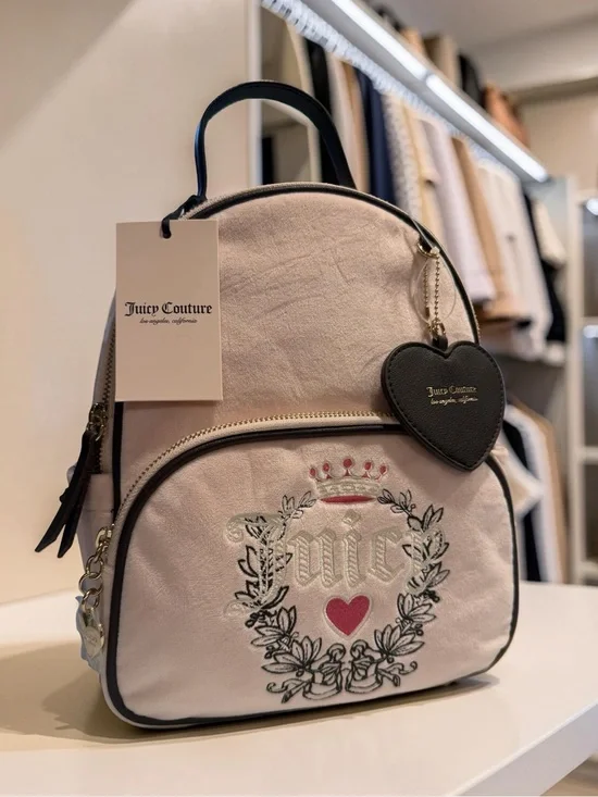 Juicy Couture Light Blush Pink Embroidered Heart Logo Velour Backpack. (P236)