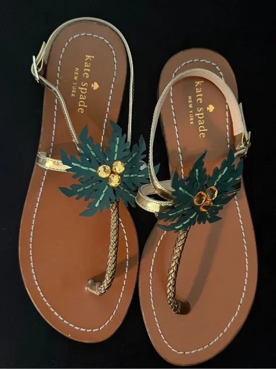 kate spade gold and green floral embossed sole sandals
