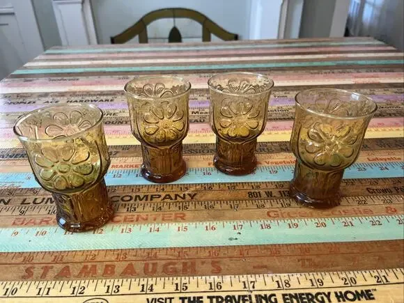 Vintage Libbey Amber Brown Country Garden Daisy Juice Glasses Tumblers Set Of 4