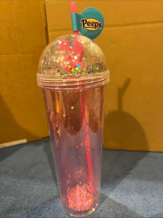 Peeps Pink Iridescent Confetti Tumbler with Straw