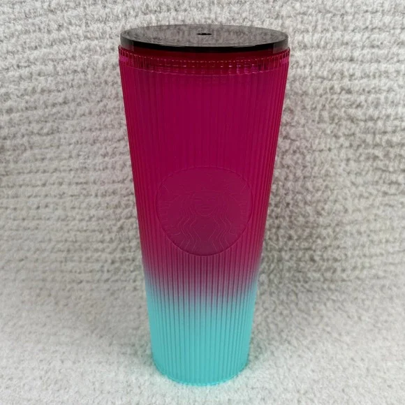 Starbucks 24 oz Tumbler Cold Cup‎ Ombre Pink Teal Ribbed Venti Travel NO STRAW