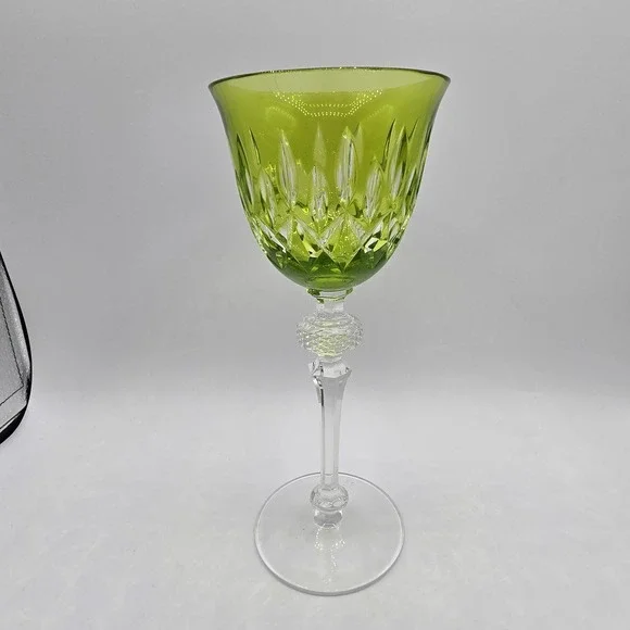 Vtg Crystal Wine Goblet Glass Green Cut‎ Glass Unknown Maker