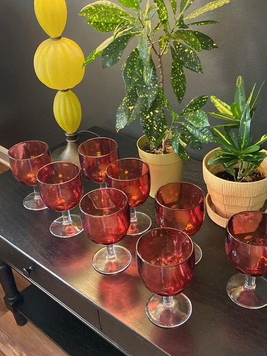Set of 8 Ruby Red Bartlett Collins Goblets - Vintage Style Wine Glasses