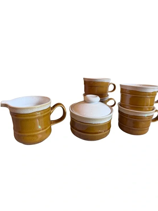 Vintage Imperial Stoneware Japan J3000 Stone Glaze Coffee Set 7 Pc Caramel Brown