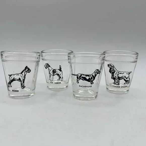 Set 4 Hazel Atlas Dog Shot Glasses Man Cave Bar Boxer Dachshund Terrier Spaniel