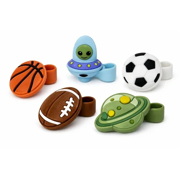 Novelty Straw Toppers Lot of 65-70‎ Silicone Cup Charms Sports Alien Space
